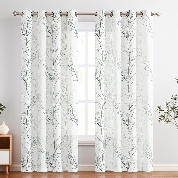 NWOT- Elegant White and Green Semi Sheer Tree Branch Curtains - Picture 1 of 2